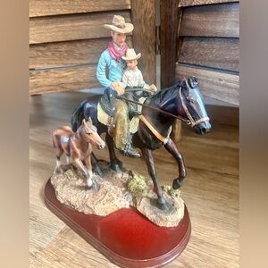 Vintage Cowboy With Son on Horse Statue Collectible Polyresin On Wood 8.5” Tall